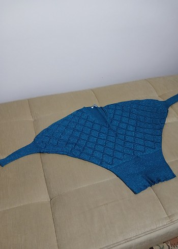 Mavi V Yaka Kadın Mini Triko Kazak - Görsel 2