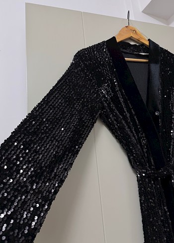 Siyah Pullu Uzun Kollu Kadife Gece Elbisesi - Görsel 2