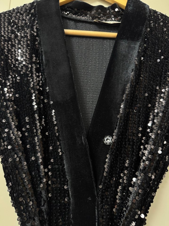 Siyah Pullu Uzun Kollu Kadife Gece Elbisesi - Görsel 4