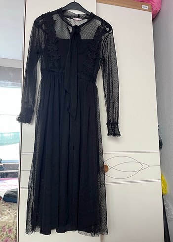 Diğer Dantel Detaylı Siyah Uzun Gotik Elbise