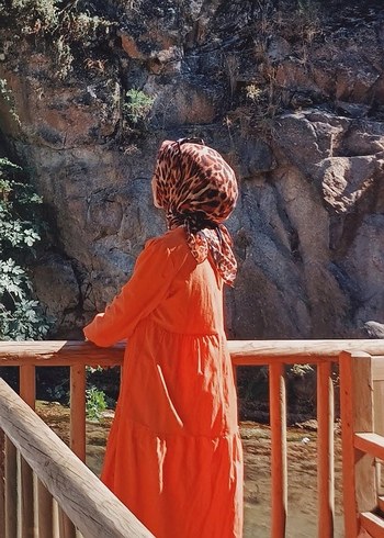 36 Beden Turuncu Uzun Kollu Midi Bohem Elbise