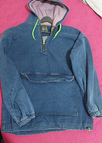 erkek Mavi Fermuarlı Denim Ceket Kapüşonlu - Görsel 3