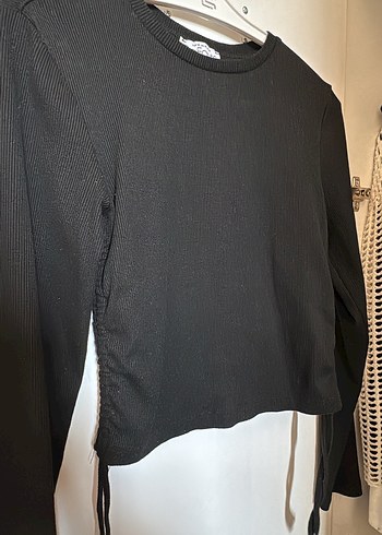 Siyah Uzun Kollu yanlardan büzgüllü Kadın Triko Bluz - Görsel 2