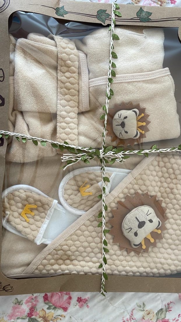 Kahverengi Baskılı Örgü Bebek Havlu Seti - Görsel 2