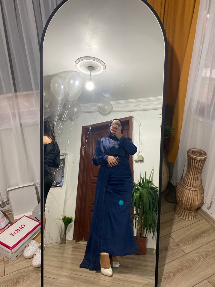 Lacivert Drapeli Uzun Abiye Elbise - Görsel 2