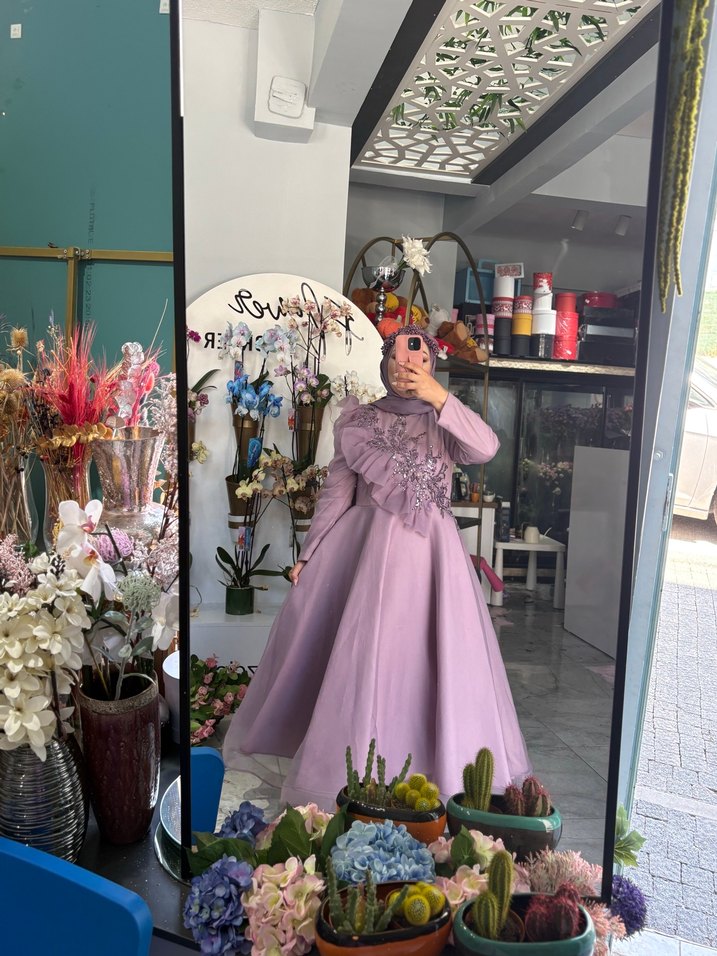 Uzun Kol, Fırfırlı Mor Tesettür Abiye - Görsel 3