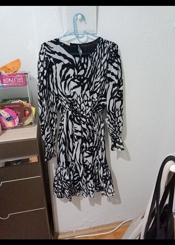 Gri Zebra Desenli Uzun Kollu Mini Elbise
