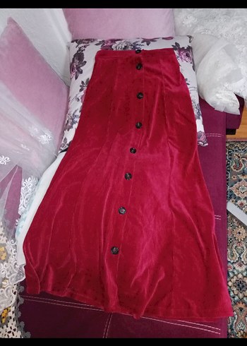 Bordo Düğmeli Uzun Bohem Etek kadife