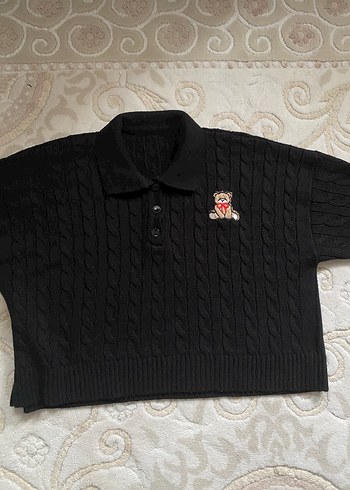 Polo yaka ayıcık baskı siyah kazak - Görsel 3