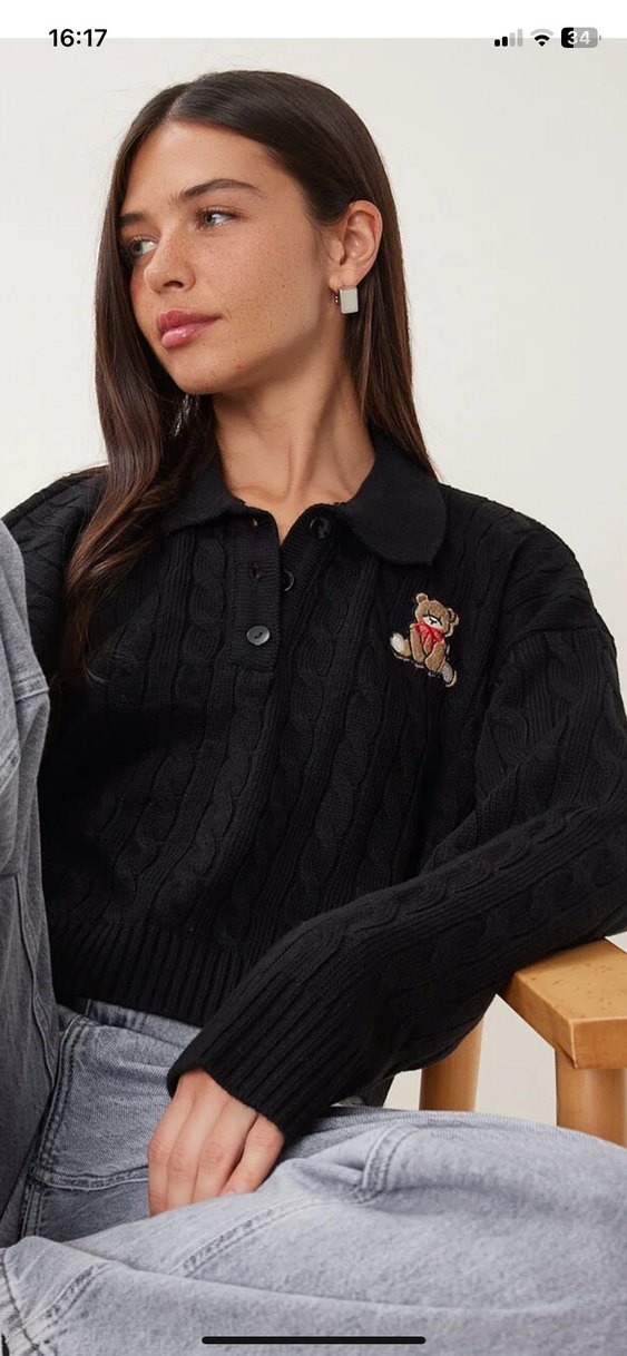 Polo yaka ayıcık baskı siyah kazak - Görsel 2