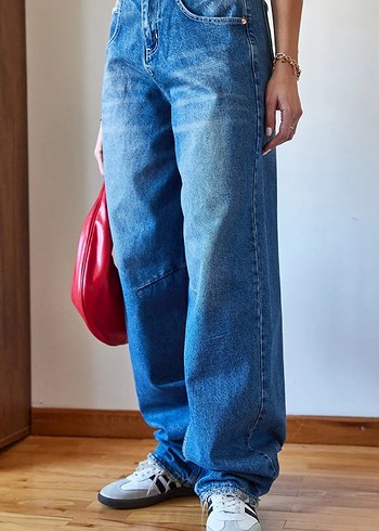 Kadın Mavi Kemerli Loose Fit Denim Pantolon - Görsel 7