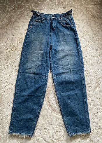Kadın Mavi Kemerli Loose Fit Denim Pantolon - Görsel 3