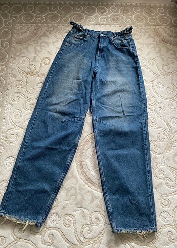 Kadın Mavi Kemerli Loose Fit Denim Pantolon - Görsel 2