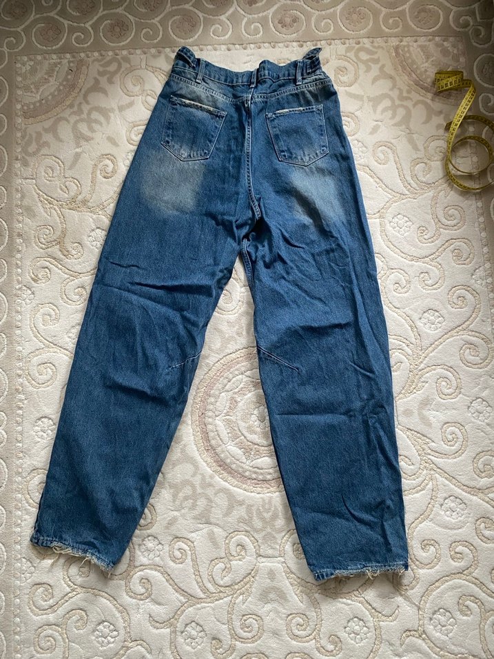 Kadın Mavi Kemerli Loose Fit Denim Pantolon - Görsel 4