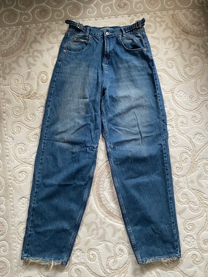 Kadın Mavi Kemerli Loose Fit Denim Pantolon - Görsel 3