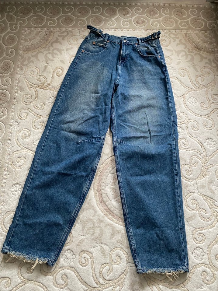 Kadın Mavi Kemerli Loose Fit Denim Pantolon - Görsel 2