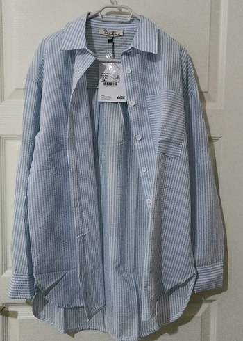 Mavi Çizgili Keten Kadın Gömlek - Görsel 2