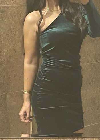 Parlak Yeşil Tek Omuz Drapeli Midi Elbise - Görsel 2