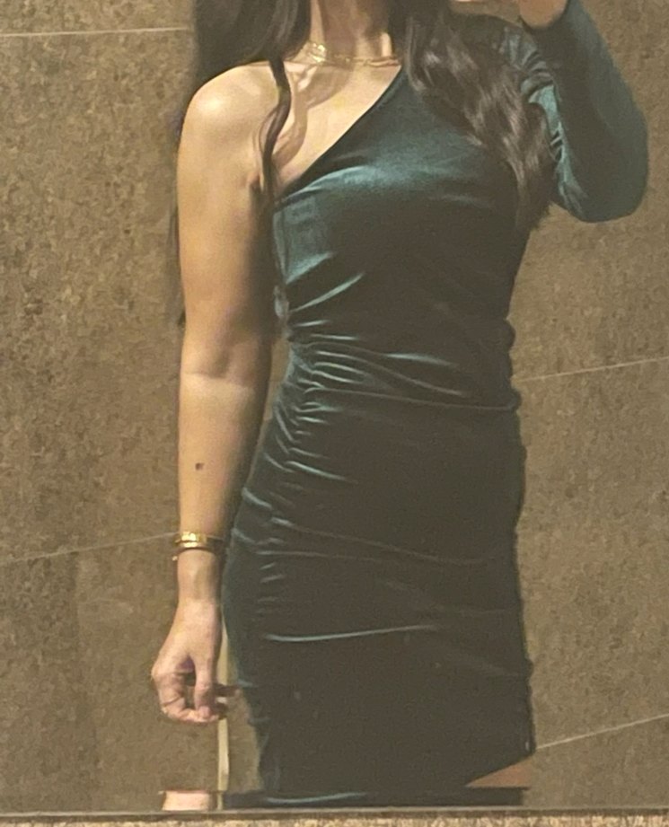 Parlak Yeşil Tek Omuz Drapeli Midi Elbise - Görsel 2