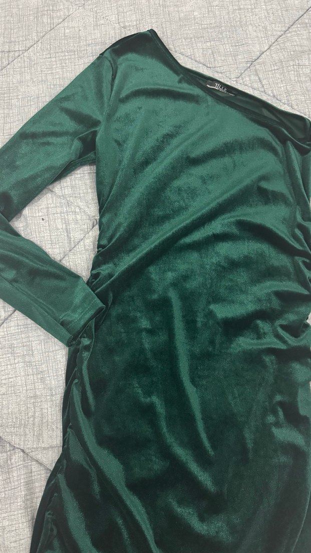 Parlak Yeşil Tek Omuz Drapeli Midi Elbise - Görsel 4