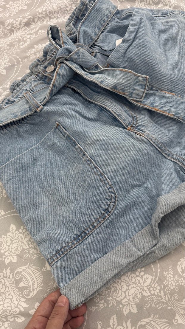 Kadın Mavi Kot Şort Bel Detaylı - Görsel 3