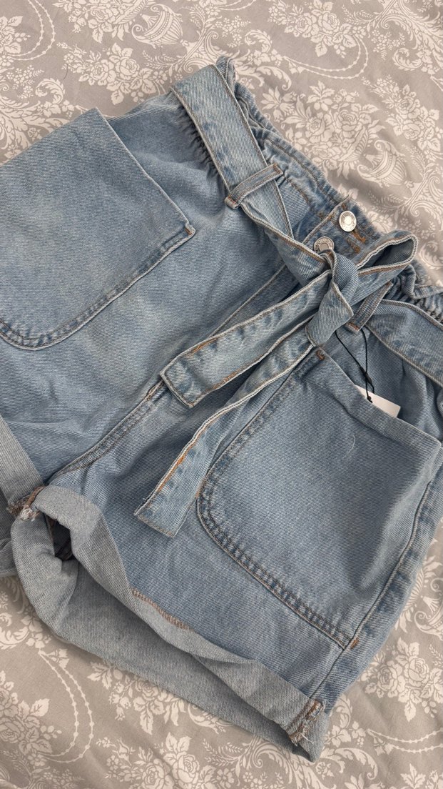 Kadın Mavi Kot Şort Bel Detaylı - Görsel 2