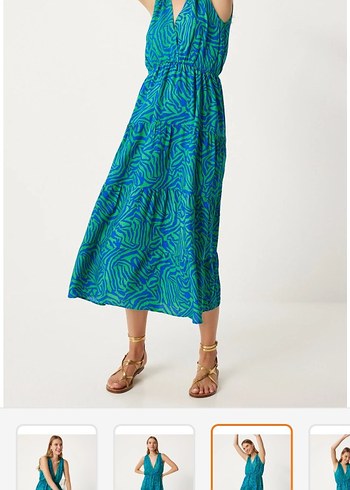 Turkuaz V Yakalı Uzun Salaş Elbise - Görsel 4