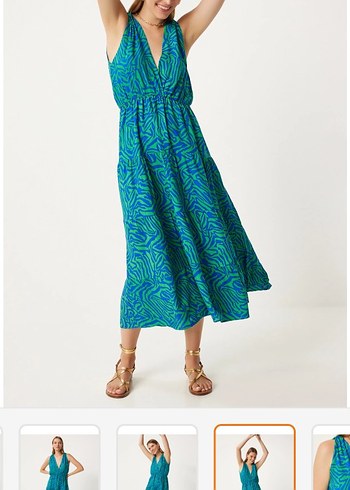 Turkuaz V Yakalı Uzun Salaş Elbise - Görsel 5