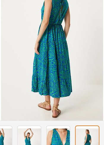 Turkuaz V Yakalı Uzun Salaş Elbise - Görsel 6