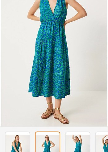 Turkuaz V Yakalı Uzun Salaş Elbise - Görsel 3