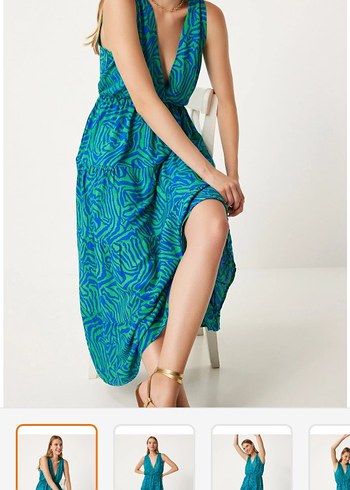 Turkuaz V Yakalı Uzun Salaş Elbise - Görsel 2