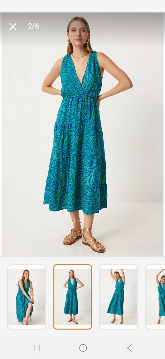 Turkuaz V Yakalı Uzun Salaş Elbise - Görsel 3