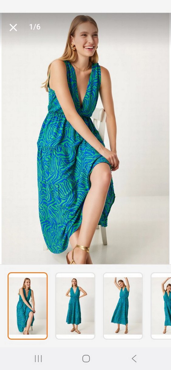 Turkuaz V Yakalı Uzun Salaş Elbise - Görsel 2