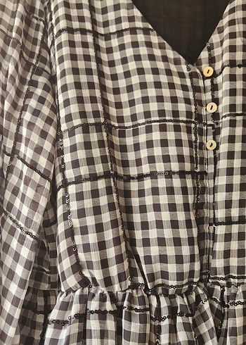 Düğmeli Gri Ekoseli Midi Bohem Elbise - Görsel 2