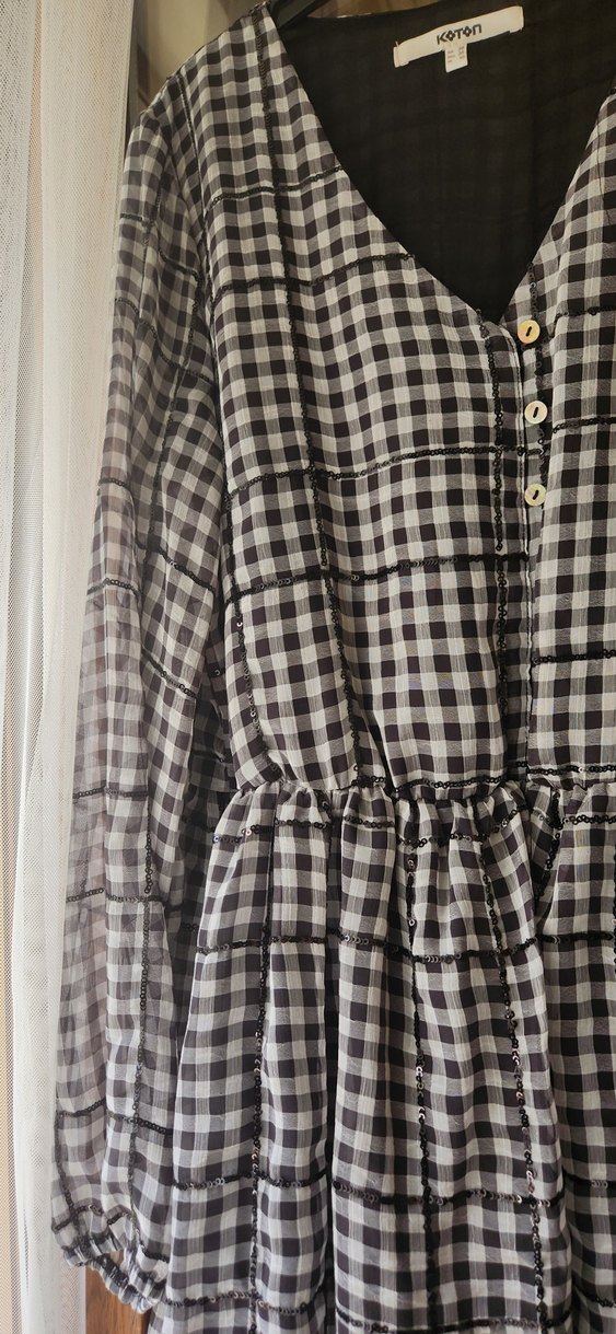 Düğmeli Gri Ekoseli Midi Bohem Elbise - Görsel 3