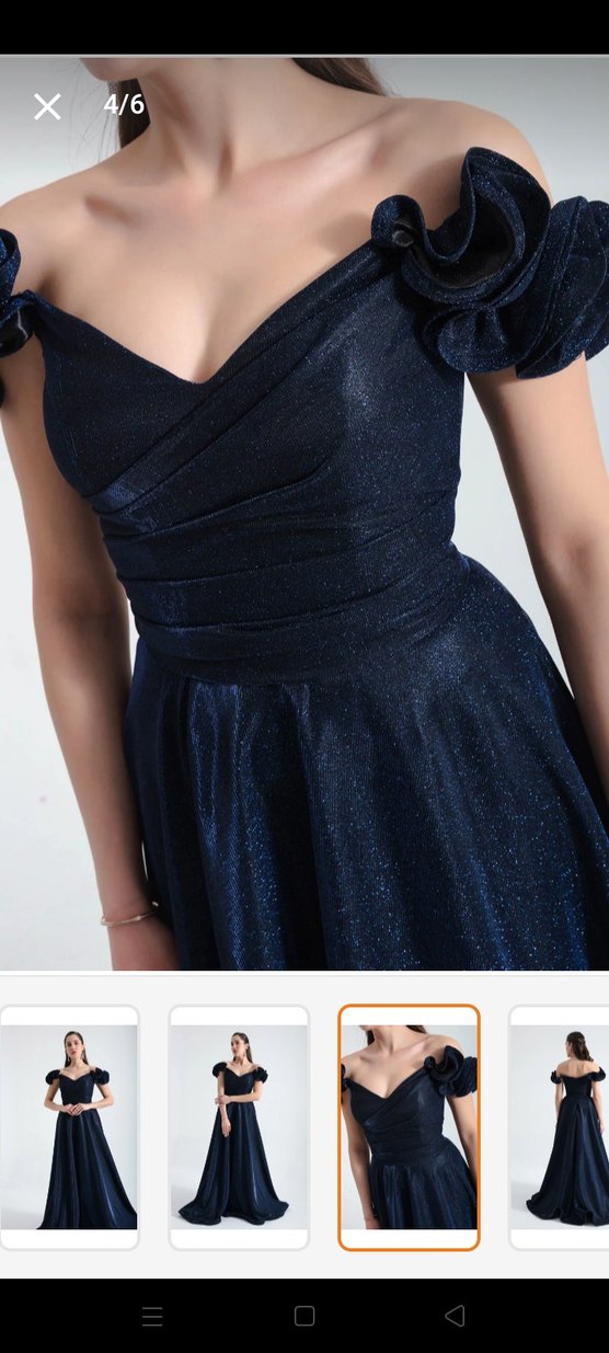 Parlak Lacivert Uzun Drapeli Kadın Elbise - Görsel 3