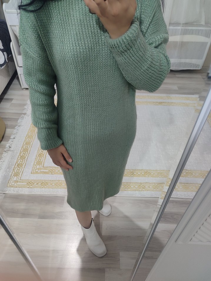 Yeşil Boğazlı Midi Kadın Triko Elbise - Görsel 2