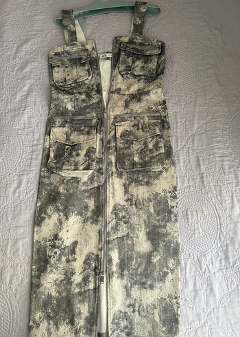 Zara Gri Batik Desenli Kadın Uzun Kot elbise