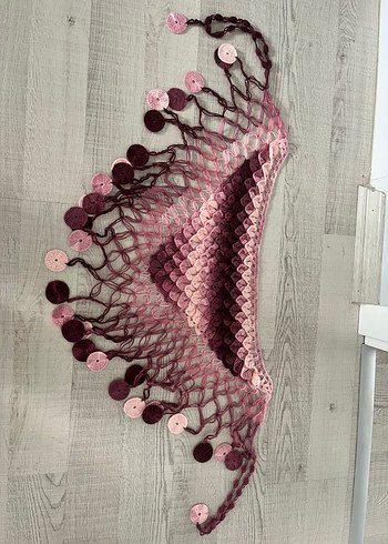 Dantel Detaylı Pembe Bohem Örgü Şal