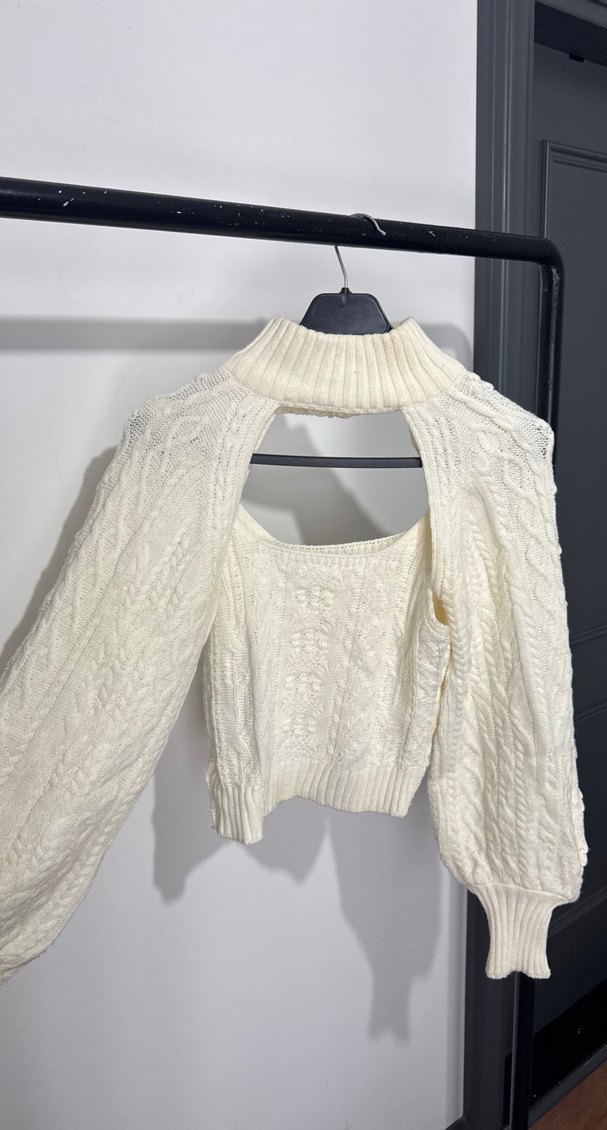 Bohem Tarzı Kısa Fitilli Beyaz Örgü Kazak - Görsel 2