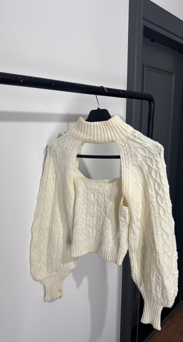 Bohem Tarzı Kısa Fitilli Beyaz Örgü Kazak - Görsel 3