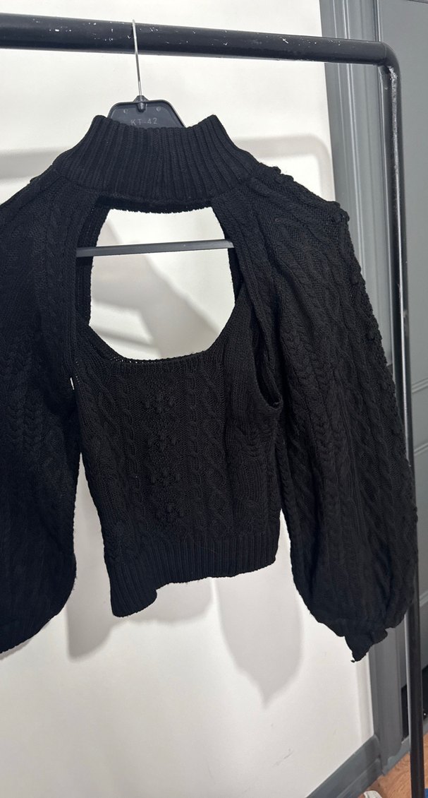 Siyah Örgü Mini Yüksek Yaka Kadın Kazak - Görsel 2