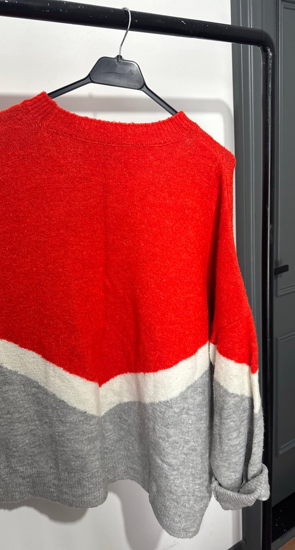 Kırmızı Gri Çizgili Kadın Triko Kazak - Görsel 2