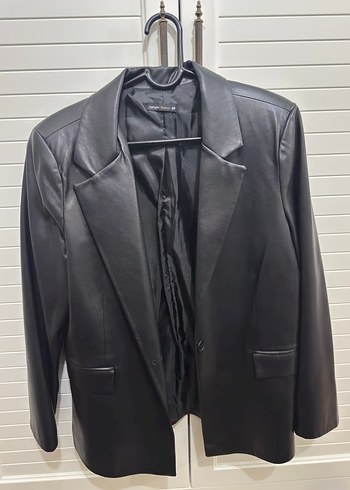 Düğmeli Siyah Deri Kadın Blazer Ceket