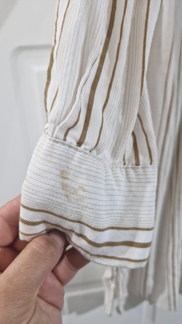 Bej Gri Çizgili Uzun Keten Kadın Gömlek - Görsel 2