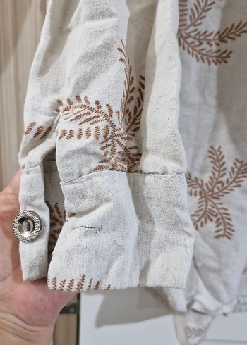 Nakışlı Bej Uzun Kollu Keten Gömlek - Görsel 2