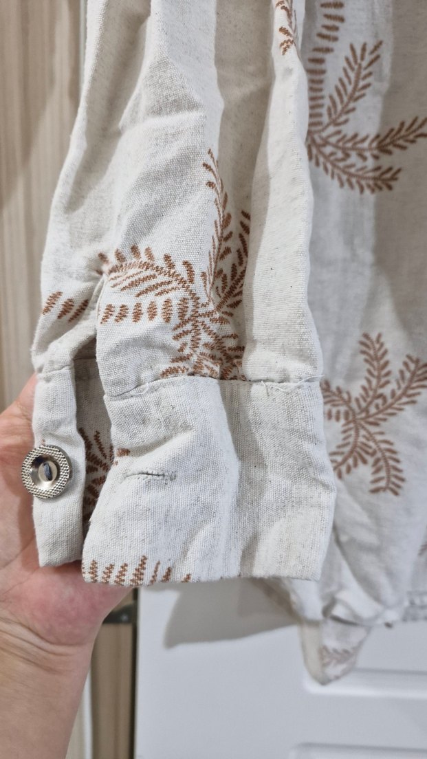 Nakışlı Bej Uzun Kollu Keten Gömlek - Görsel 2