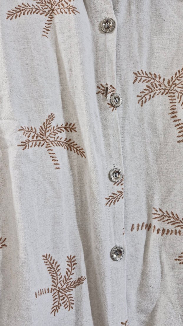 Nakışlı Bej Uzun Kollu Keten Gömlek - Görsel 3