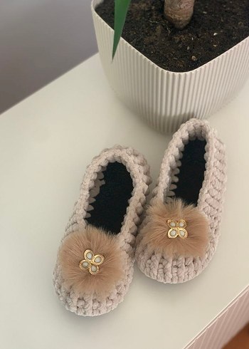 Bej Örgü Kadın Ev Terliği Stiletto Topuklu
