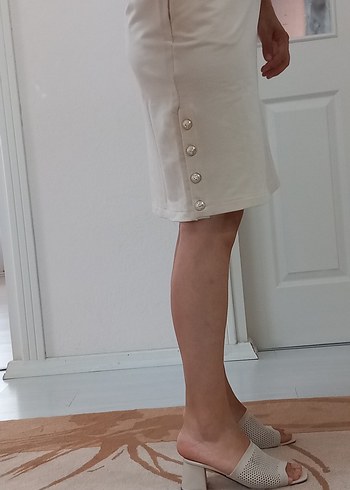 Bej Pamuklu Düğmeli Hamile Elbisesi - Görsel 10